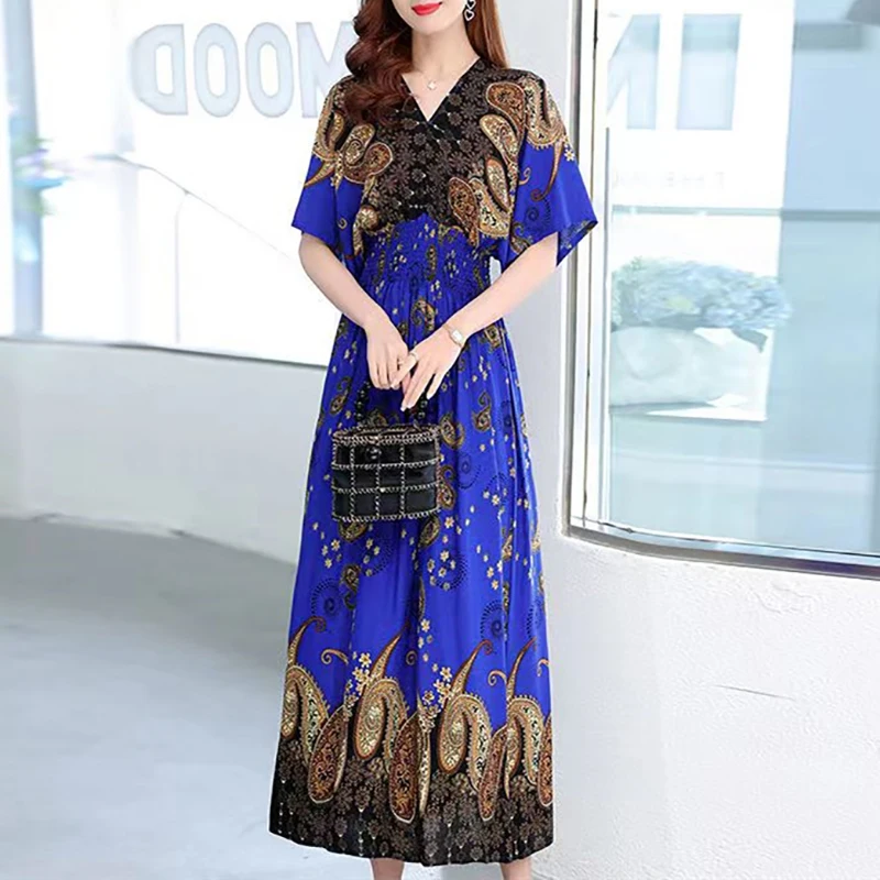 Vintage Retro Women\'s Red ress New In Office Lady Party Dress V-Neck Short Sleeve A-Line Dress Elastic Waist Chic Print Dress