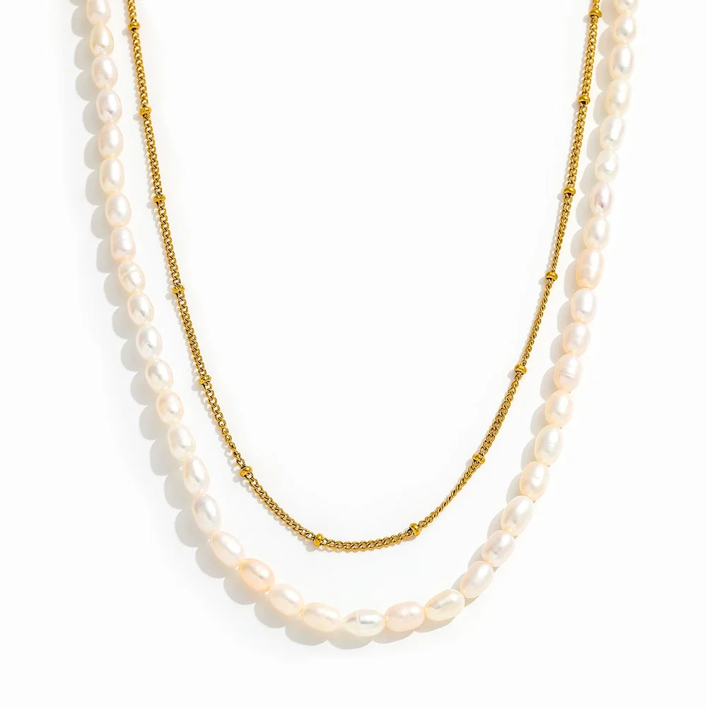 

Joolim Jewelry Wholesale Waterproof Fashion Elegant Double-layer Real Natural Pearl Chain Stainless Steel Necklace for Wom