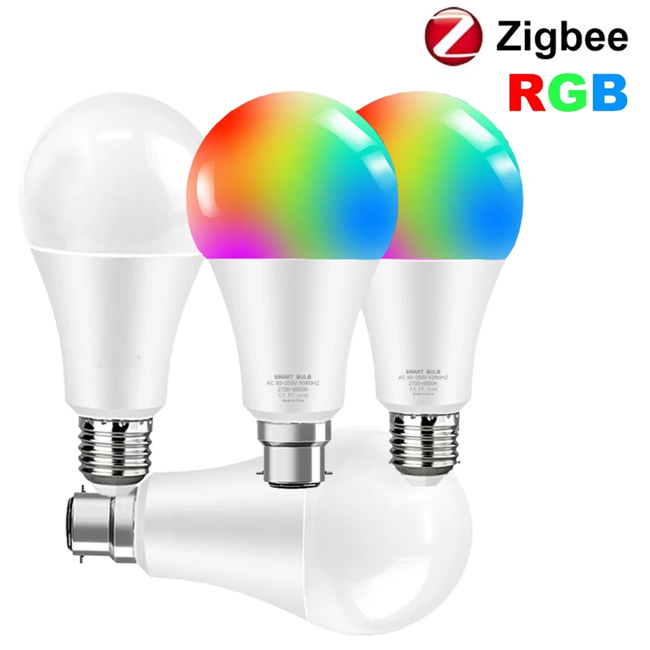 

Светодиодная лампа Tuya Smart Life Zigbee E27 B22 15 Вт RGB + WW + CW с регулируемой яркостью, голосовое управление, работает с Alexa Google Home Assistant 110 В/220 В