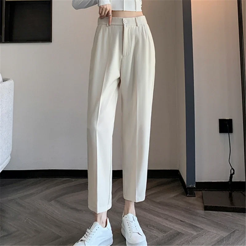 Women\'s High-Waisted Suit Pants 2024 Spring Summer Solid Button Casual Loose Ankle-Length Khaki Workwear Trousers Women