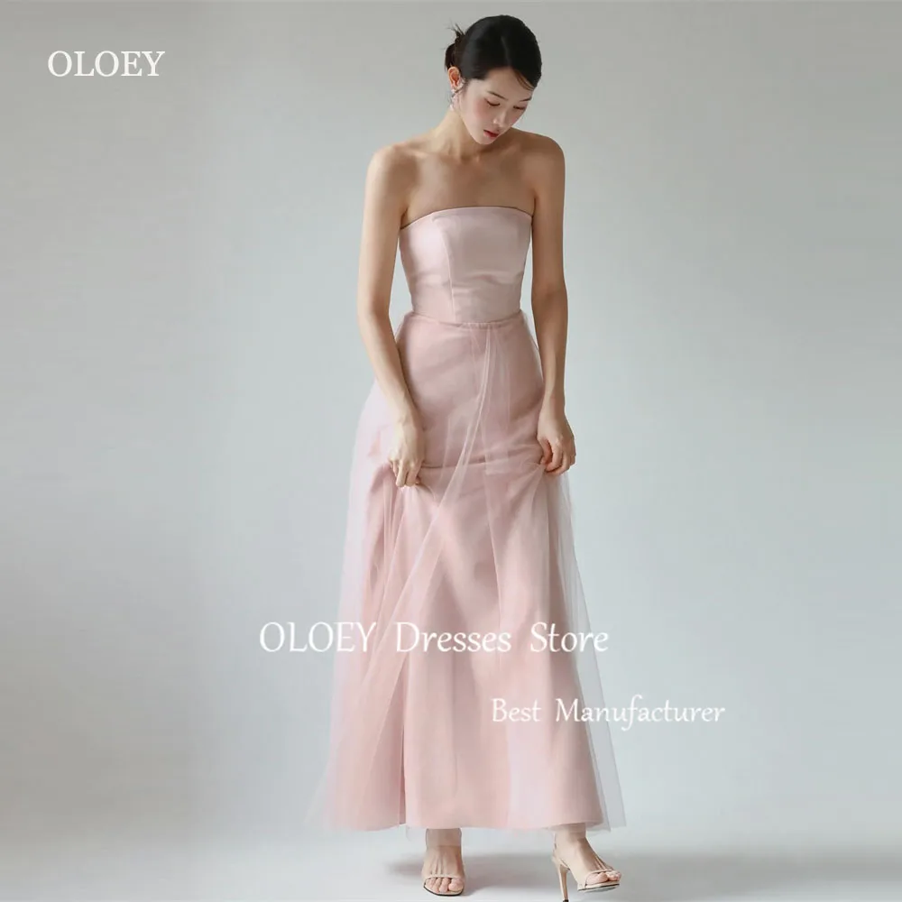 

OLOEY Simple Blush Pink Evening Dresses Korea Wedding Photoshoot Strapless Soft Ankle Length Formal Party Gowns Corset Back