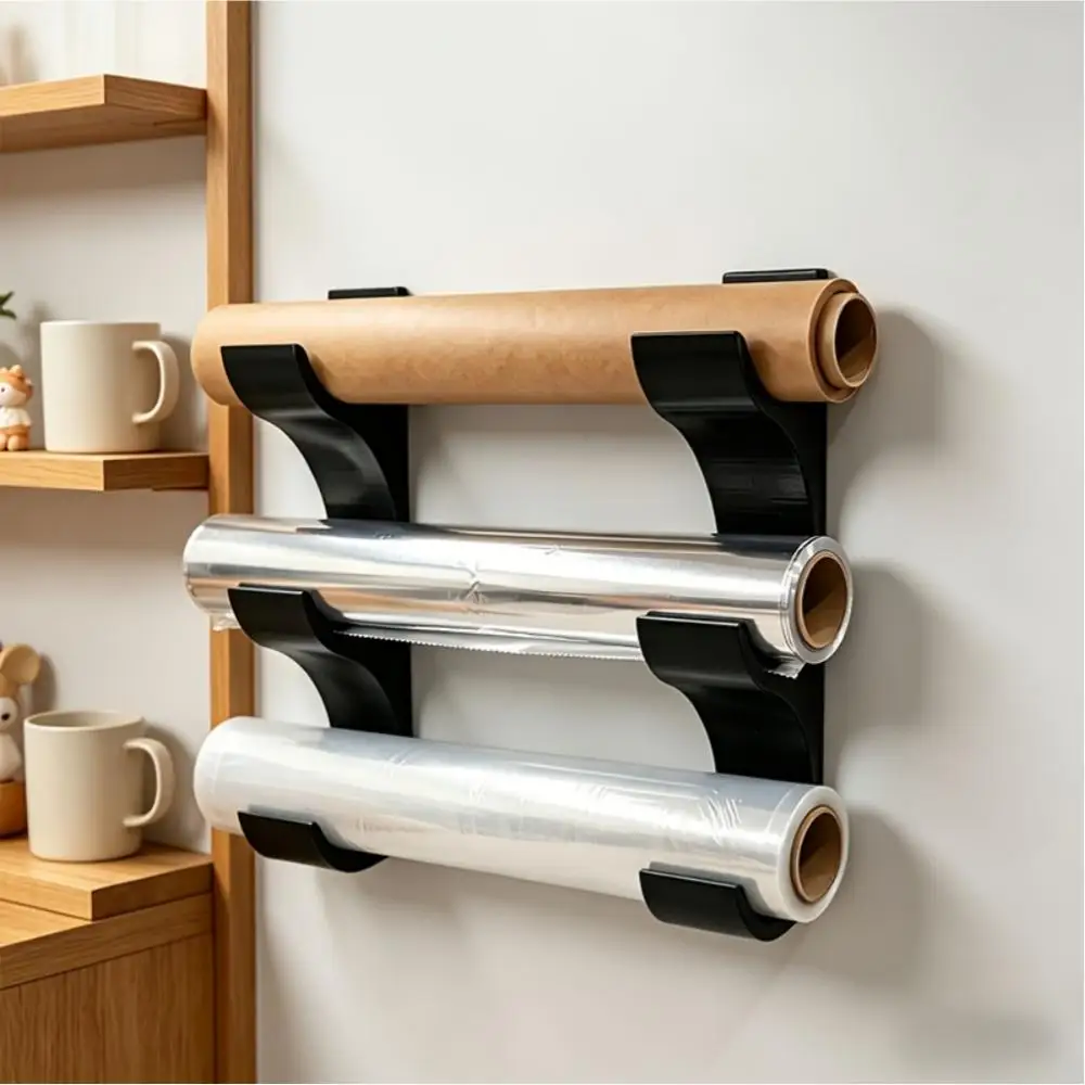 2Pcs Set No Drill Wall Mount Roll Holder, Multi-Tier Kitchen Organizer for Plastic Wrap, Aluminum Foil, Parchment Paper