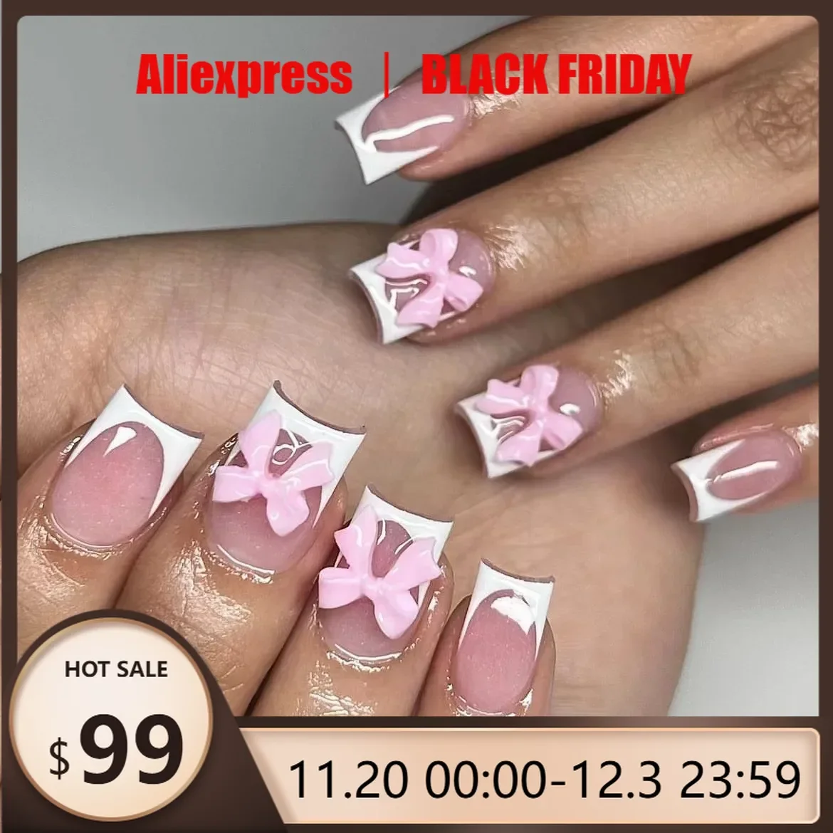 

24Pcs/set Bows Press on Nails Short Square Fake Nail White French Tip False Nails with Pink Bow Charms Stick on Nails for Women