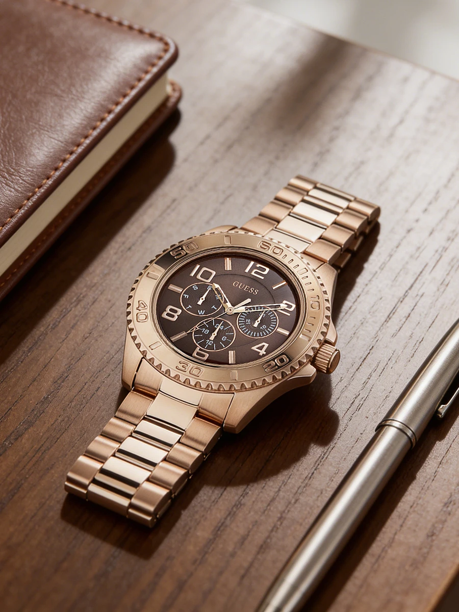 Reloj GUESS para Mujer en Acero Dorado Rosa, Esfera Marrón Chocolate, Bisel Texturizado, Multifunción, Cuarzo, Elegante, de Lujo, Regalo para Amiga
