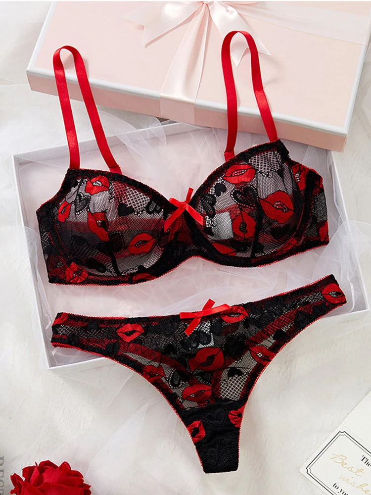 Sexy Lingerie Female Lace Underwear Red Lip Print Erotic Lingerie Three-Point Underwear Set Soft Intimate See Through Lingerie
