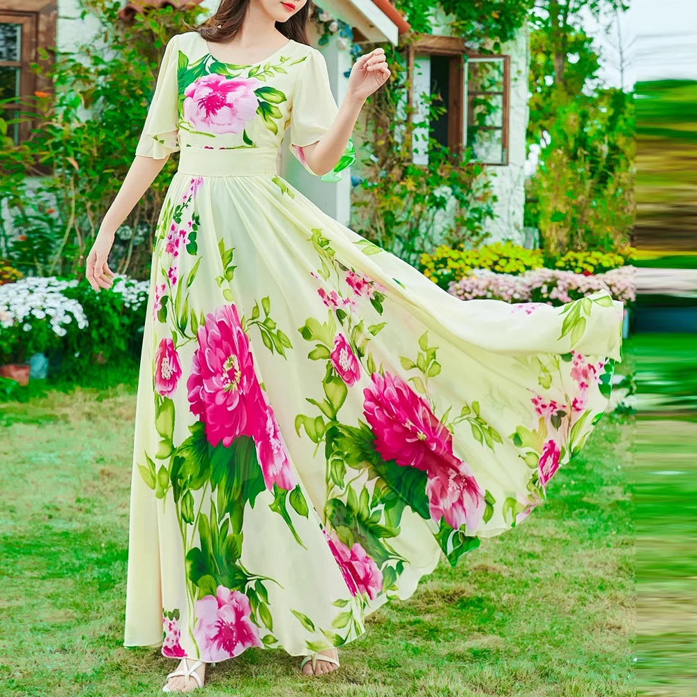 

Elegant Fashion Big flowers Chiffon Maxi Dress 2024 Bohemian women's elegant dresses Short sleeved Slim Beach Long Summer Dress