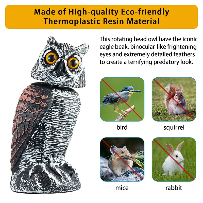 Realistic Bird Scarer Rotating Head Sound Owl Prowler Decoy Protection Repellent Pest Control Scarecrow Garden Yard Move