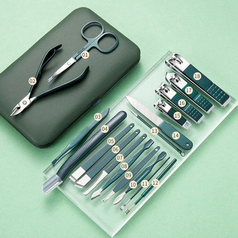 7-18 Stuks Manicure Set Nagelknipper Kit Professionele Roestvrijstalen Nagelverzorging Tools Met Lederen Reiskoffer Voor Mannen En Vrouwen