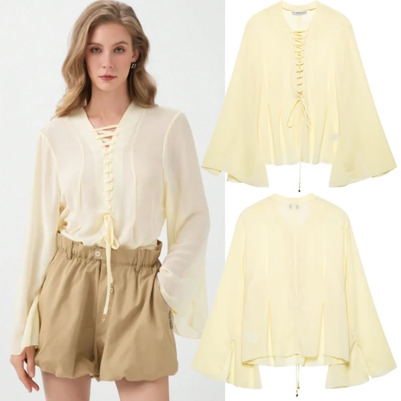

European and American New Women's Clothing Retro Loose Casual Elegant Simple Fashion Tie Design Long Sleeve Top