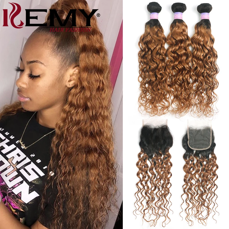 Pacotes de onda de água com fechamento T1B/30 Ombre Brown Cabelo Weave Bundles com 4x4 Lace Encerramento Cabelo humano Remy brasileiro