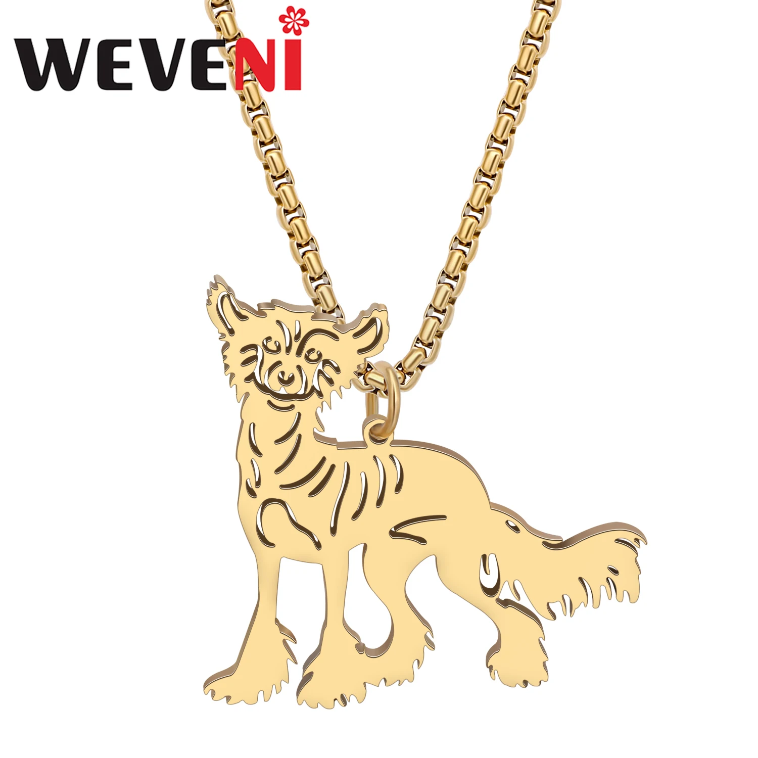 WEVENI Stainless Steel Cute Chinese Crested Necklace Papillon Dog Plated Silver Gold Puppy Pendant Jewelry For Women Kid Gifts