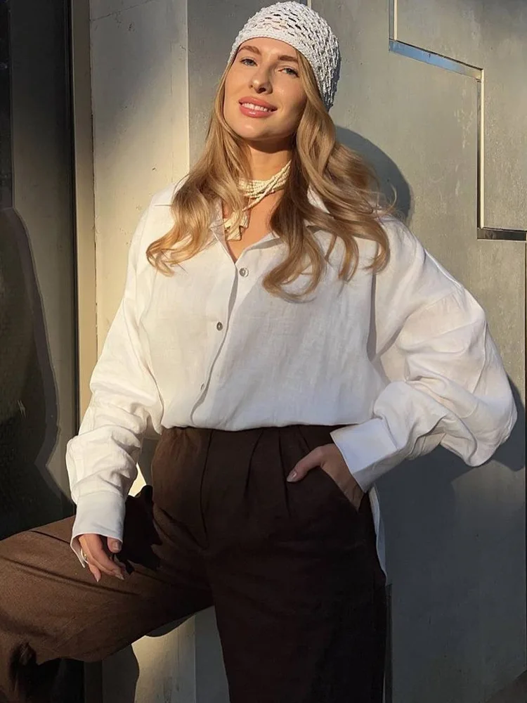 Camisas de lino de primavera para mujer, blusa informal de talla grande con solapa blanca de manga larga, Top básico Vintage, camisa de lino de algodón para mujer