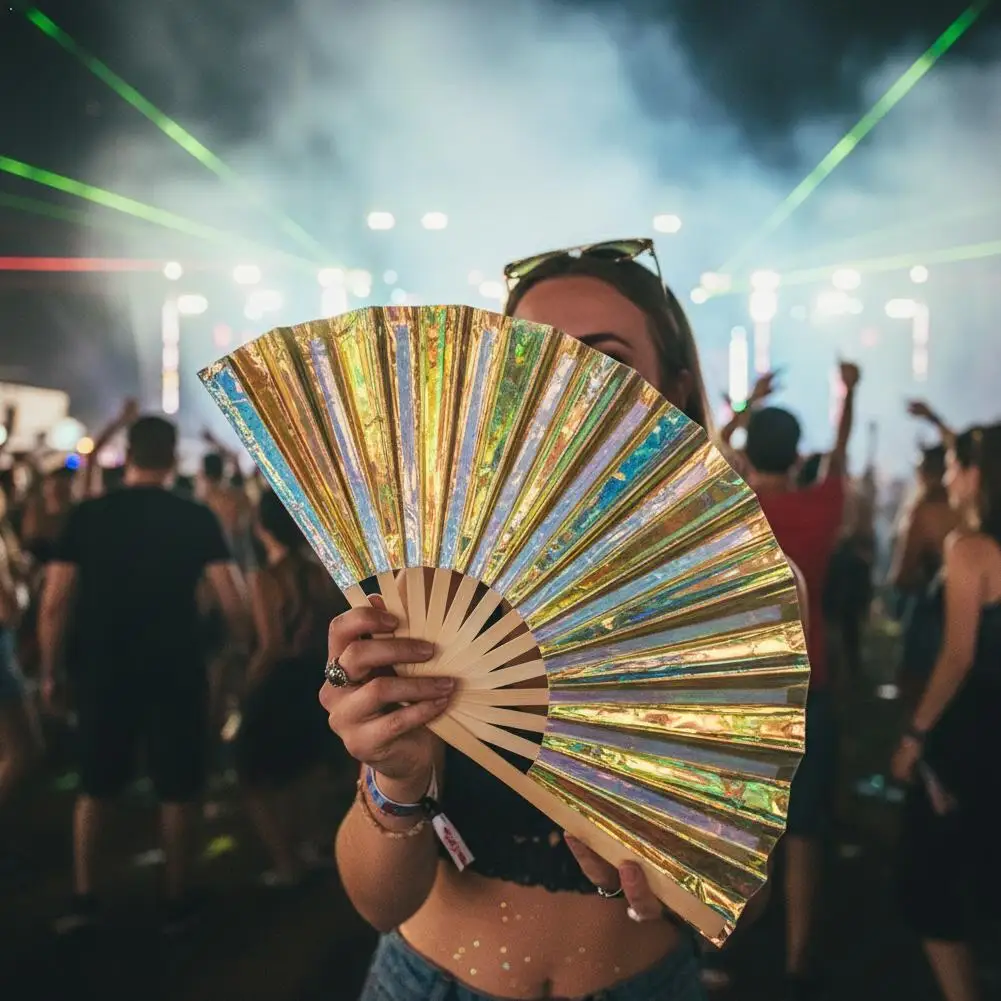 PVC Holographic Folding Fan Iridescent Handheld Fan Summer Cooling Fan Decoration Dance Performance Props Party Accessories