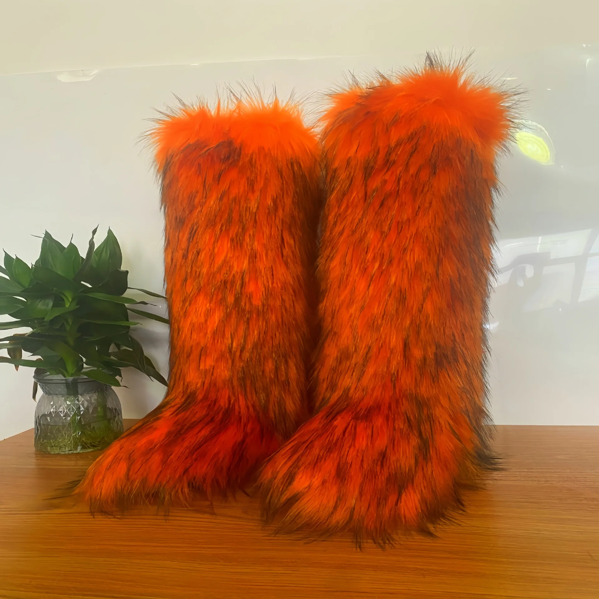 Luxury Winter Faux Fur Knee High Boots Women Wool High Tube Fur Snow Boots Fluffy Faux Raccoon/Mongolian Fur Platform Shoes