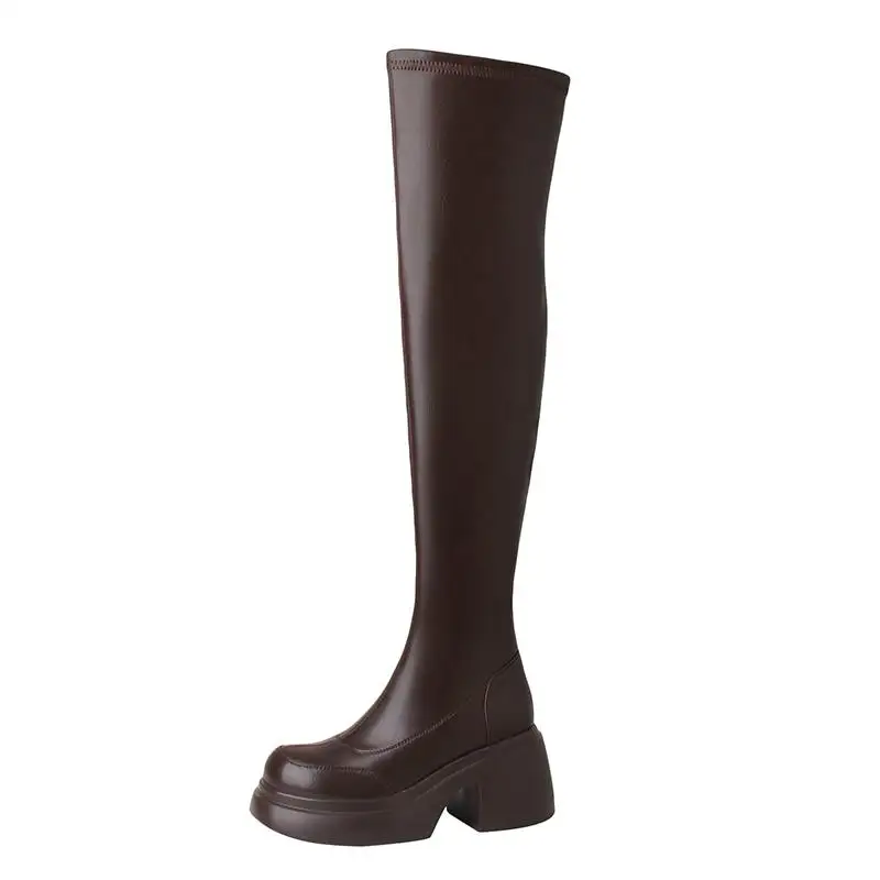 Krazing Pot New Cow Leather Round Toe Thick Bottom Platform Boots Winter Keep Warm Zipper Elastic Waterproof Over-the-knee Boots