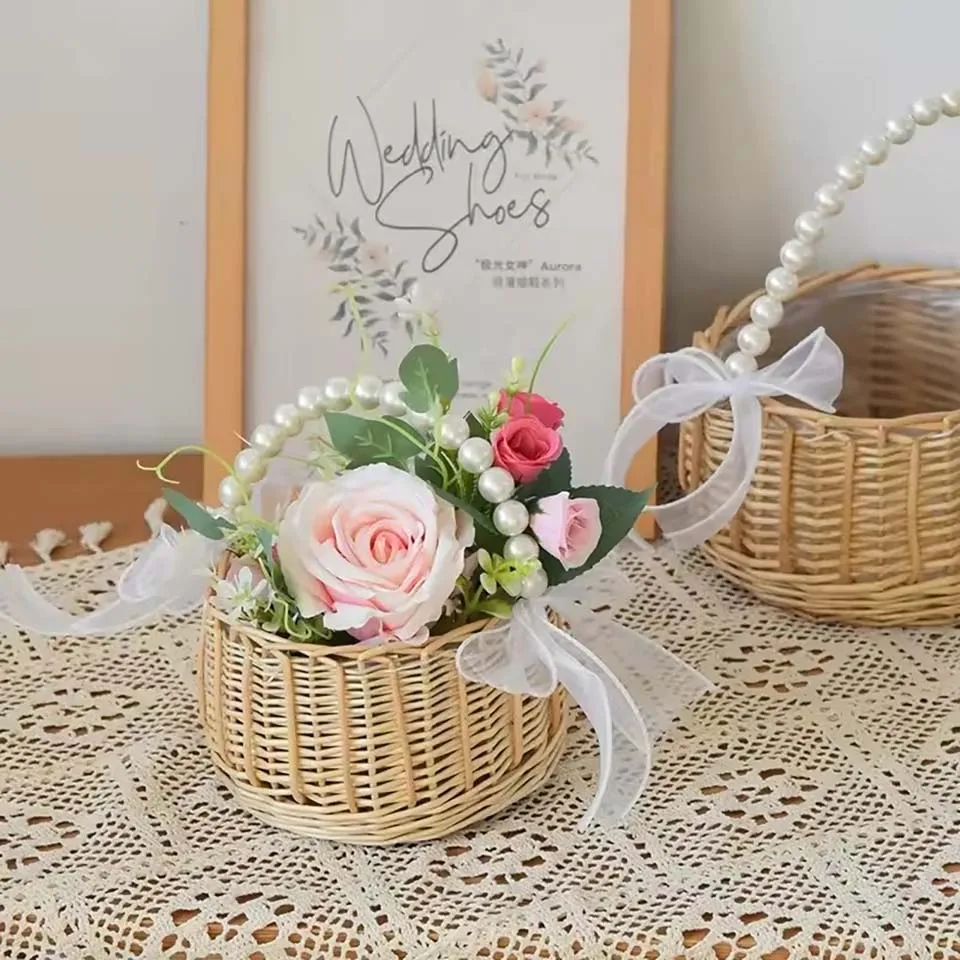 One Wicker Rattan Flower Child Basket With Pearl Handle And Bow Hand Woven Easter Basket Wicker Basket For Weddings (Brown) image 5