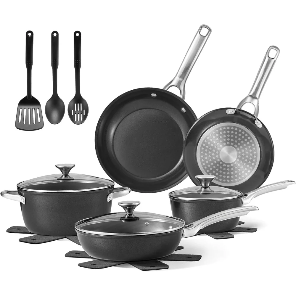 Induction Cookware Set 15-Piece, Stainless Steel Handles ＆ Lids, Dishwasher Safe ＆ Oven Safe, Compatible with All Stoves, Black