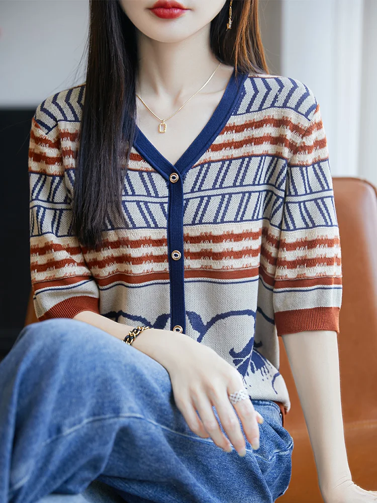 

2025 Summer Thin V-neck Retro Chic Pattern Contrast Cardigan for Women, 100% Tencel Concealed Flesh Commuting Short Sleeve Ins