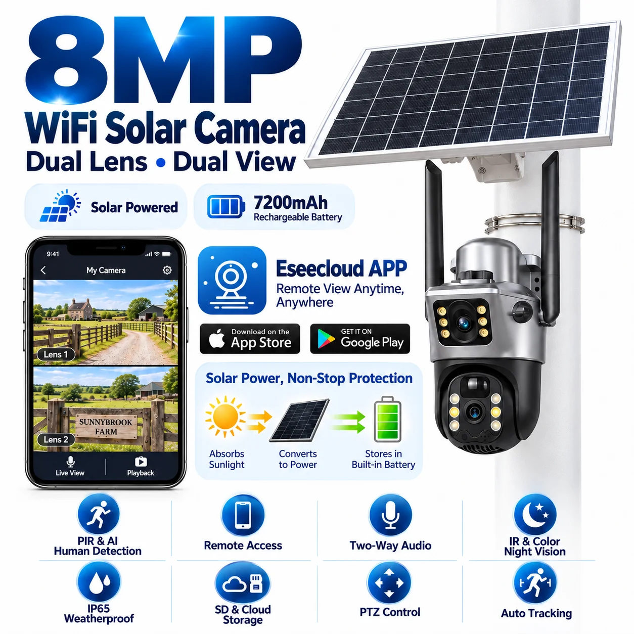 Solarbetriebene WLAN-Sicherheitskamera mit Doppellinse, PIR-Bewegungserkennung, Farb-Nachtsicht, Zwei-Wege-Audio, Wasserdicht IP66