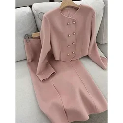 UNXX-Ensemble jupe tailleur en tweed pour femme, col rond, veste courte à boutons, batterie con, long, élégant, femme, bureau, femme, 2 pièces