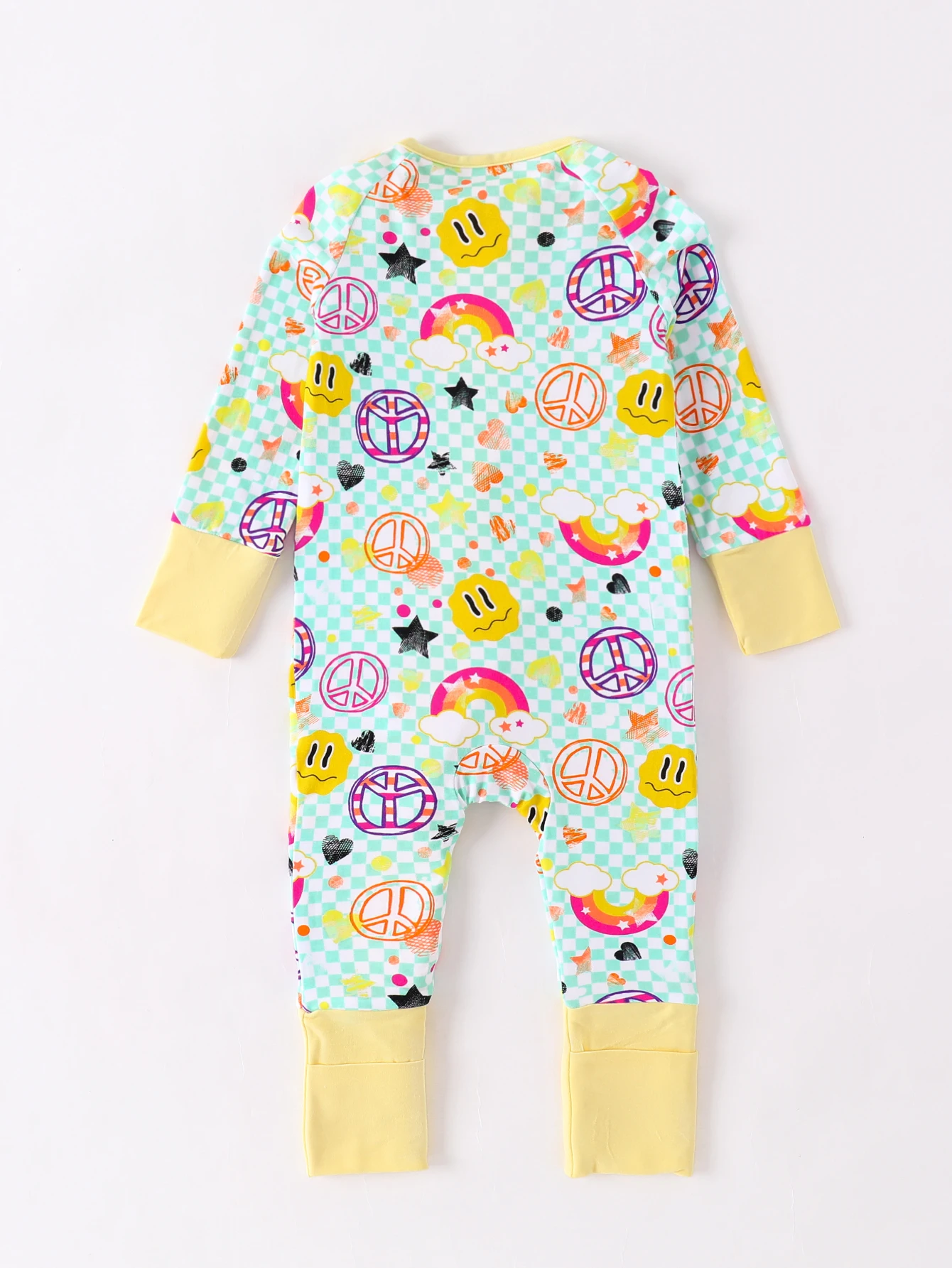 Bamboo fiber baby soft and breathable thin fabric plaid smiling face reversible foot covers casual style double zipper romper