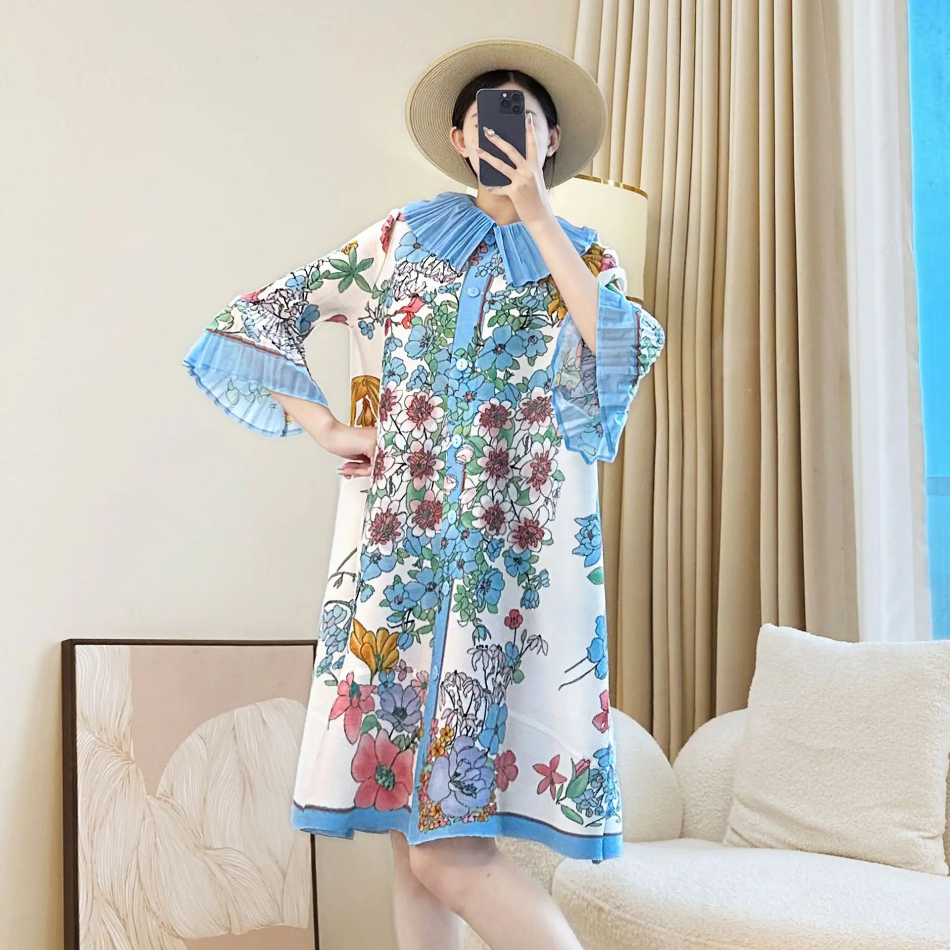 Miyake Blue Laple Printing Abito plissettato da donna monopetto manica svasata elastico allentato chic nuovo abbigliamento femminile