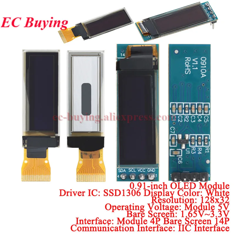 

1Pc-5Pcs 0.91 inch OLED Display LCD Screen Module Resolution 128*32 12832 IIC I2C Interface SSD1306 Driver White 4pin Bare 14Pin