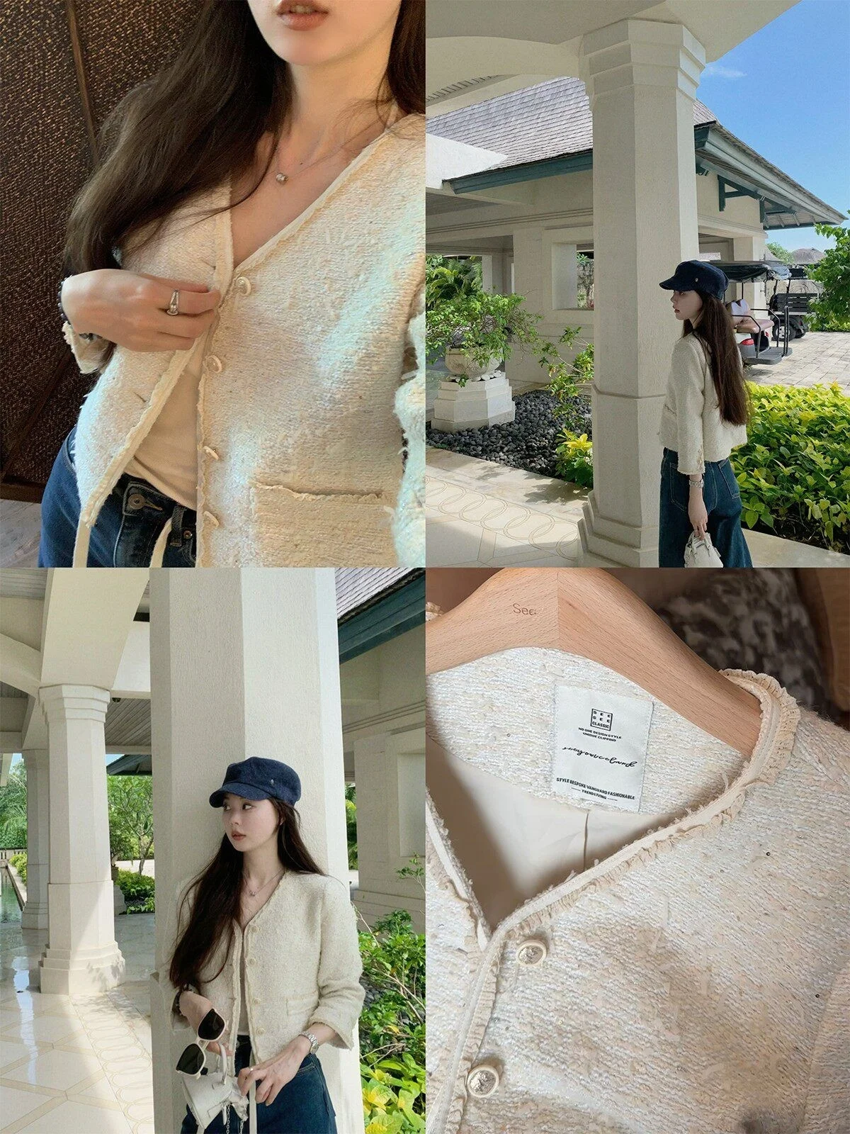Seeyouiceland Woolen Tassel Trim Thiened Tweed 8-Sve Women's ort Coat V-Ne Button-Up Spring Faion Versatile Slim Fit