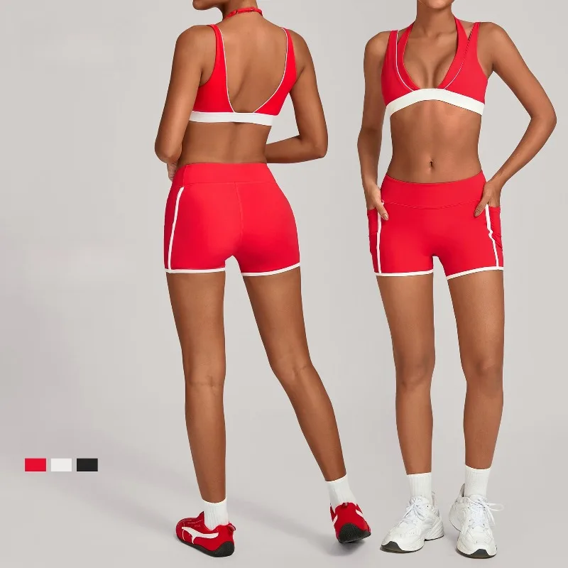 

2-piece Women Yoga Set Color Blocking Bra High Waist Hip Lift Shorts Sports Set Suitable for Outdoor Running Gym Fitness Workout