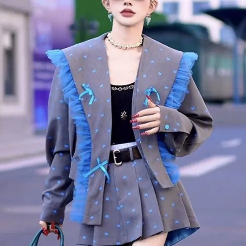 

New European Casual Suit Dress for Women Patchwork Mesh Polka Dot Coat High-waisted A-line Skirt Two-piece Dress for Women Style