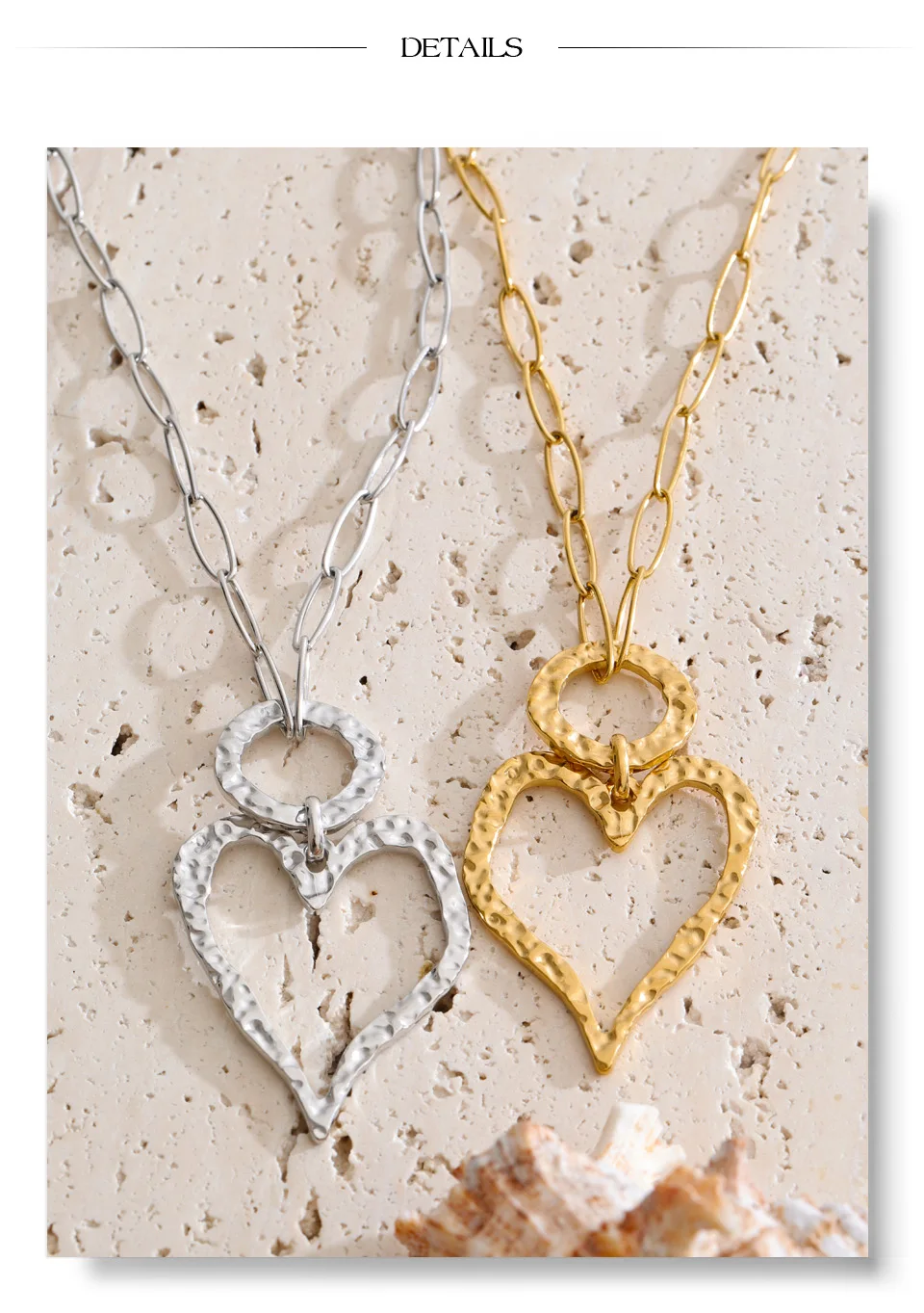 Yhpup Edelstahl Halskette mit Hohlherz-Anhänger 2026 Goldfarben PVD-beschichtet Stilvoller Schmuck Strukturierter Modeschmuck Geschenk – Detail 7