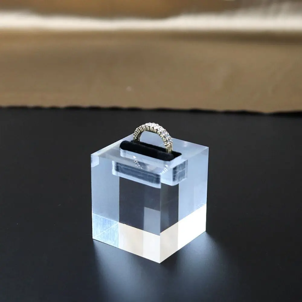 Unique Square Acrylic Ring Stand Black Velvet Slot Anti-scratch Clear Ring Organizer Cubic Protective Ring Storage Rack Home