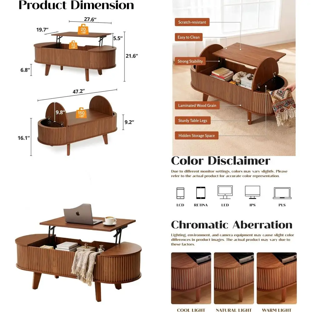 

Современный овальный журнальный столик из орехового дерева середины века с подъемным верхом для гостиной