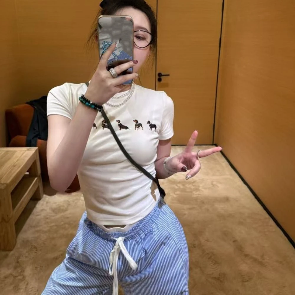 

Korean Style Cartoon Dog Short Sleeve T-shirt Dachshund Chic Y2K Crop Top Slim Fit Sweet Tees Shirts Women Streetwear