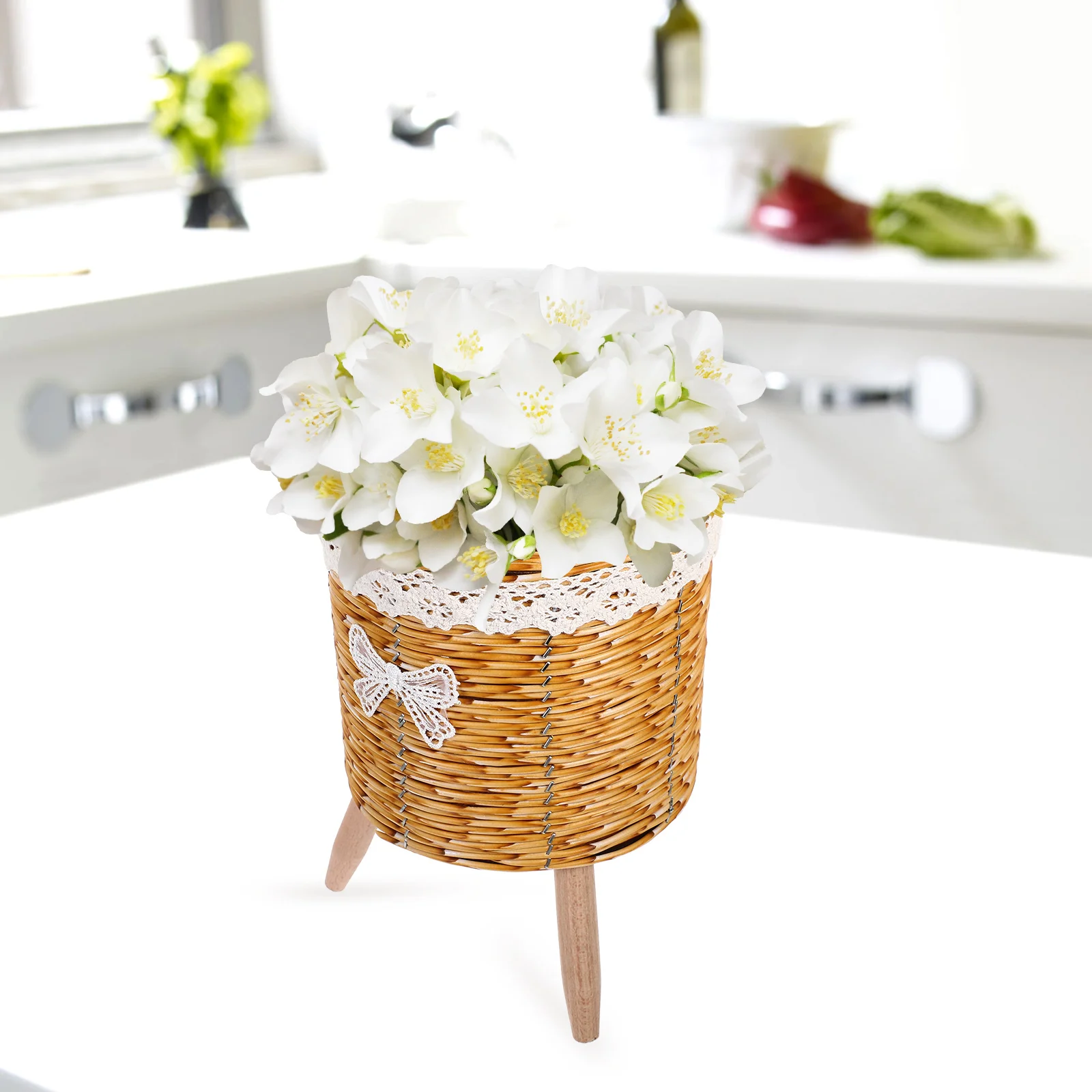 

Straw Weaving Pot Basket Yellow Round Mouth Square Base Green Plant Holder Durable Tripod St for Plants Home Decor