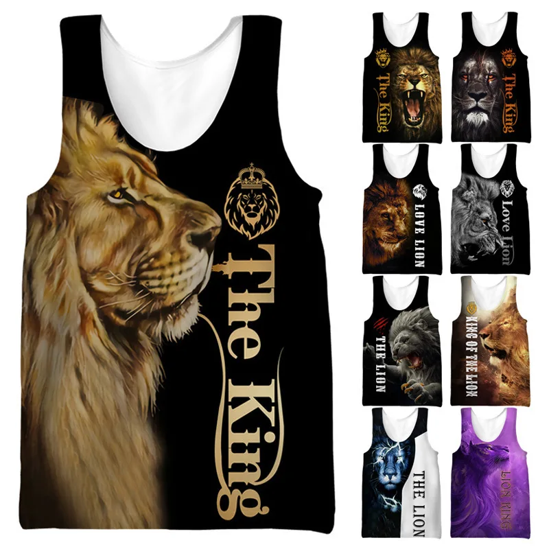 Lion King 3D Animal Letter Print New Tank Tops Summer New Men's Tops Tees Sleeveless Vest Casual Streetwear Gym Sports T-shirts