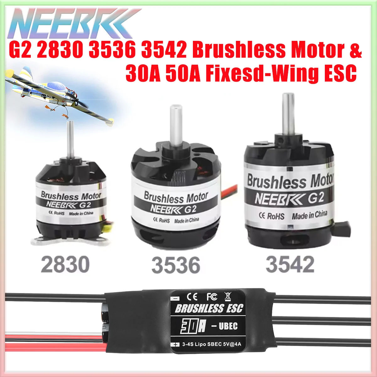 

NEEBRC G2 2830 3536 3542 Outrunner Бесщеточный двигатель 30A 50A ESC для радиоуправляемого самолета с неподвижным крылом FPV Гоночный дрон Вертолет Квадрокоптер