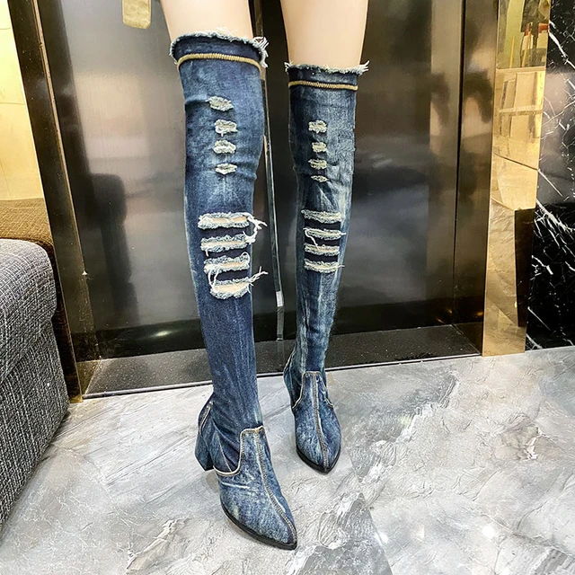 2022 New Women Thigh High Boots Pointed Toe Chunky High Heel Over The Knee Boots Slim Fit Jean Botas Mujer Elastic Denim Shoes Women s Boots AliExpress