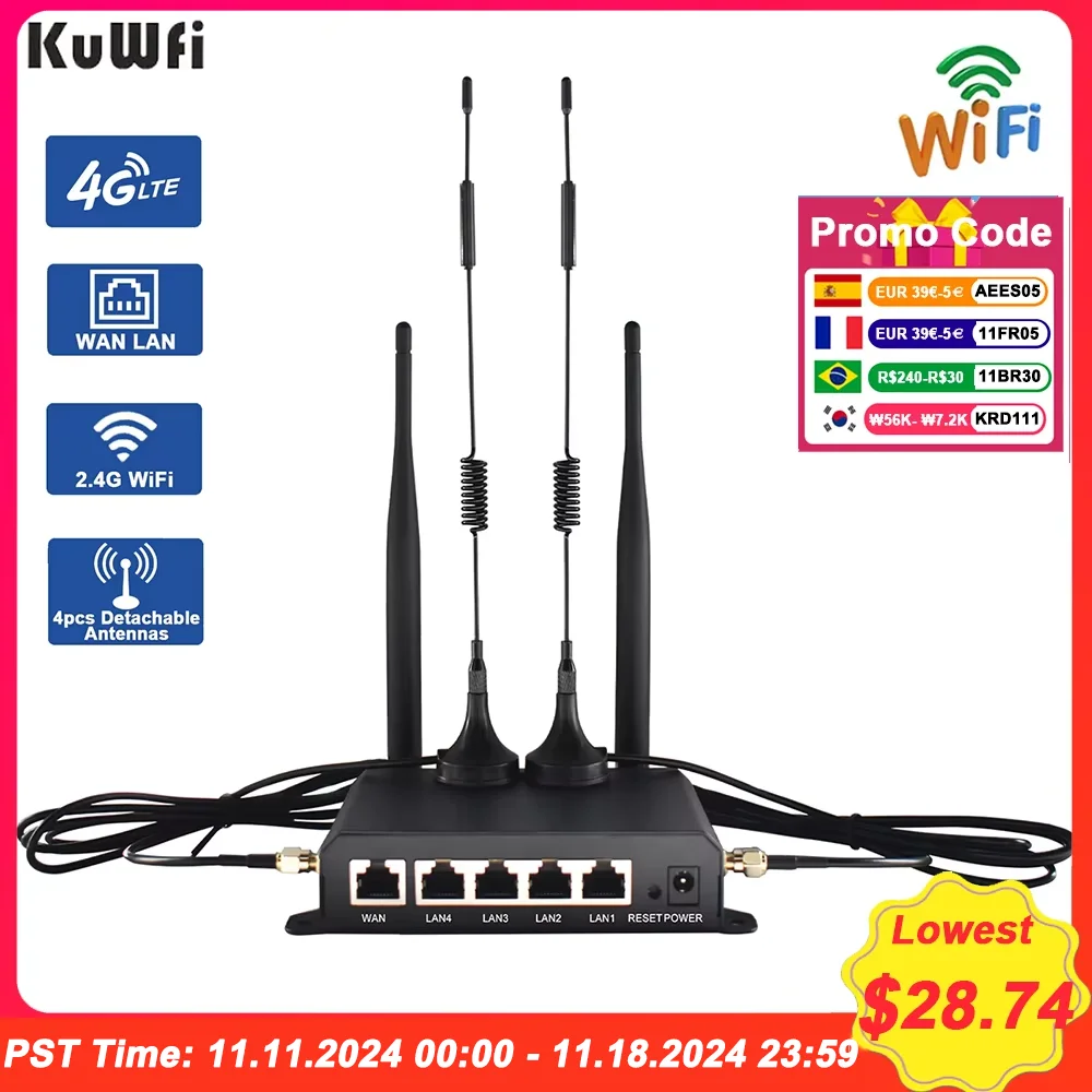 KuWFi 4G LTE Router 300Mbps Wireless WiFi Router 4pcs Detachable Antennas with WAN LAN RJ45 Port AP Repeater Mode SIM Card Slot