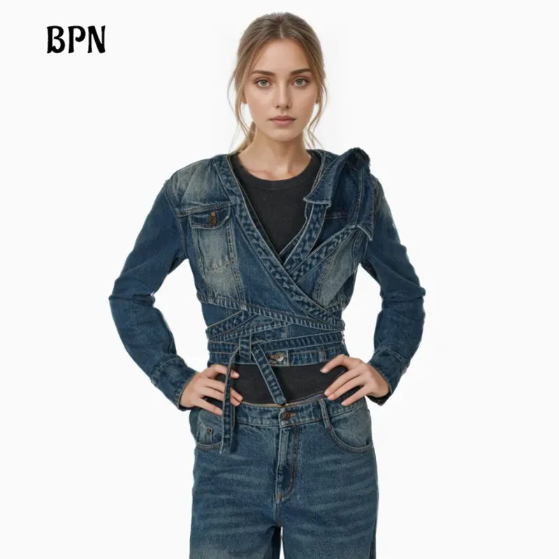 

BPN Streetwear Denim Jackets For Women V Neck Long Sleeve Patchwork Lace Up Slimming Vintage Coats Female Fashion Clothing Style