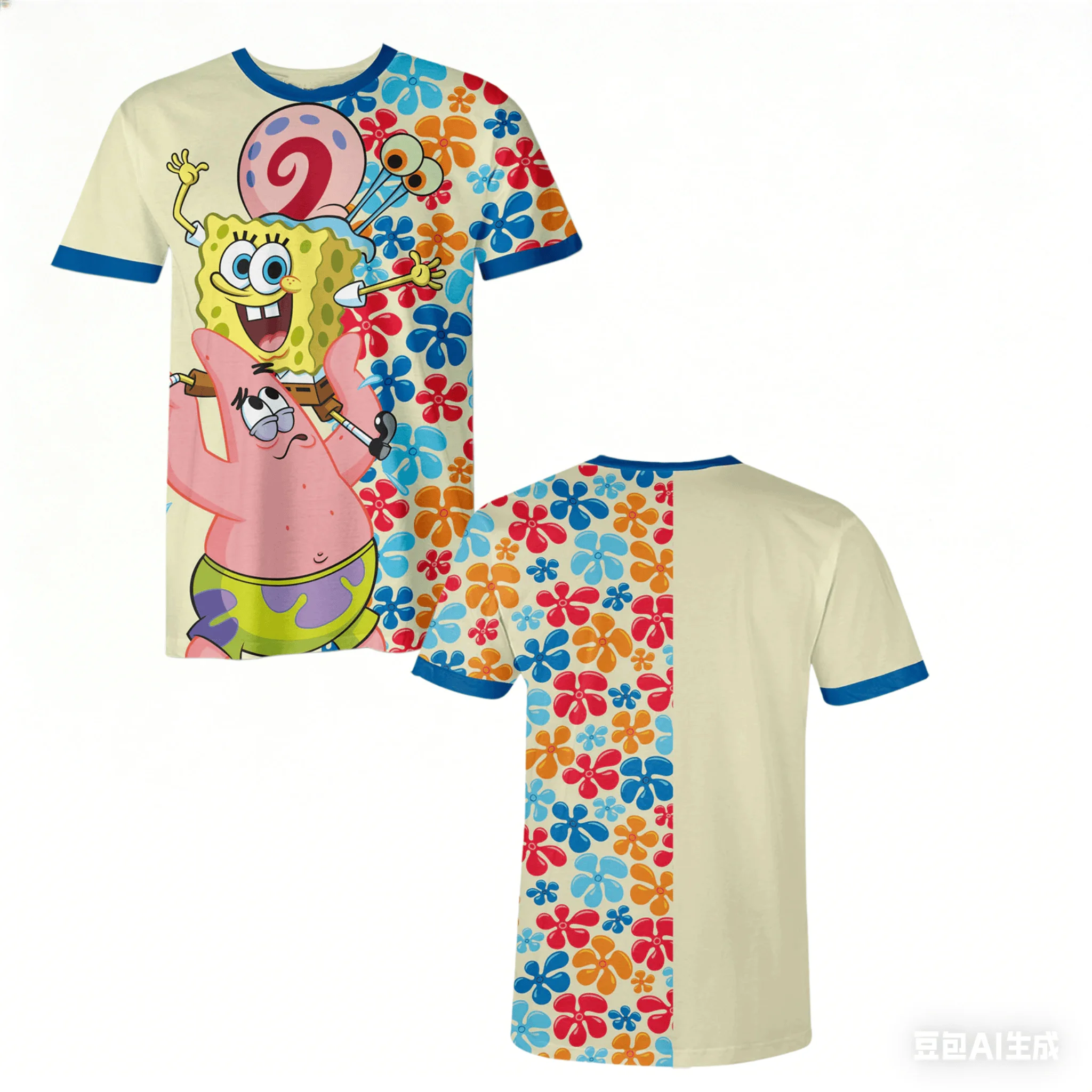 SpongeBob Schwammkopf Big Star Cartoon Doppelseitig bedrucktes T-Shirt für Männer und Frauen, Sommer, lockere Sport-Kinder-Kurzarmshirts