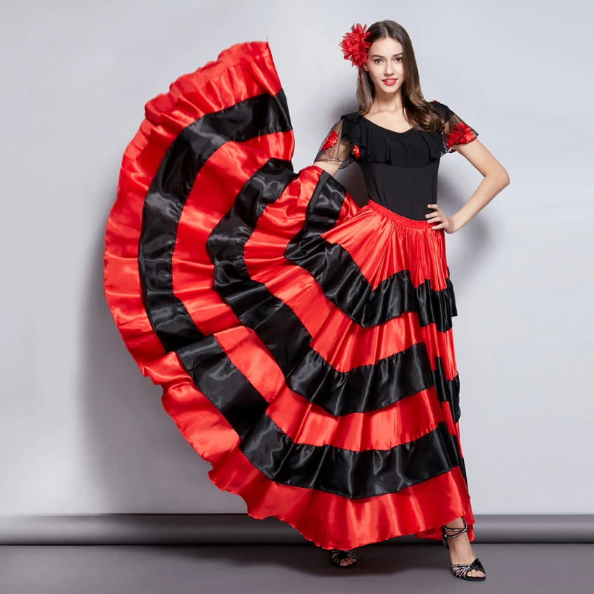 New Adult Kids Gypsy Girls Women Spanish Flamenco Skirt Striped Satin Silk Big Swing Belly Dancing Red Skirt Team Performance