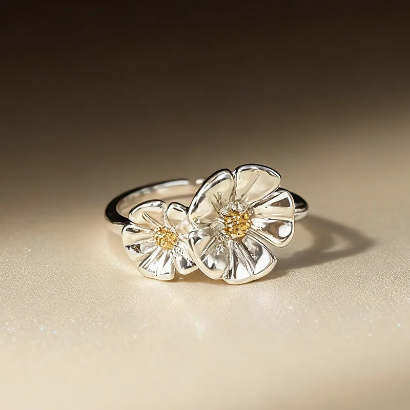 

925 Sterling Silver Flower Couple Woman Adjustable Rings Chrome Designer Fine Jewelry Elegant Accessories Jewellery