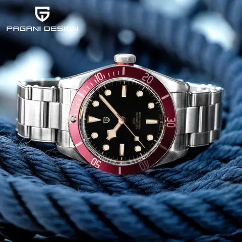 PAGANI DESIGN 2025 New BB58 Retro red Automatic Watches Men Luxury Waterproof Mechanical Wristwatch Stainless steel rivet strap