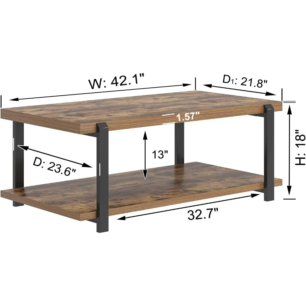 Modern Coffee Table, Rustic Wood Center Table with Storage for Living Room, Industrial Rectangle 2 Tier Low Cocktail Tea Table,