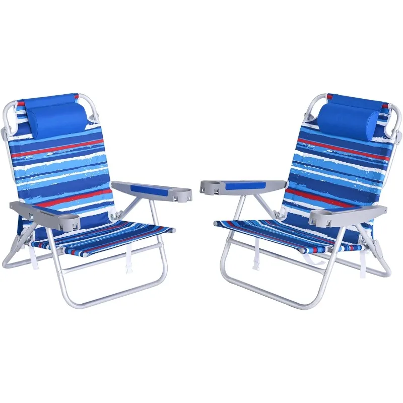 Extra Wide Low Beach Chair 2 Pack 5 Position Lay Flat 500 LBS Heavy Duty, XL Oversized Folding Camping Chairs with Cup Holder