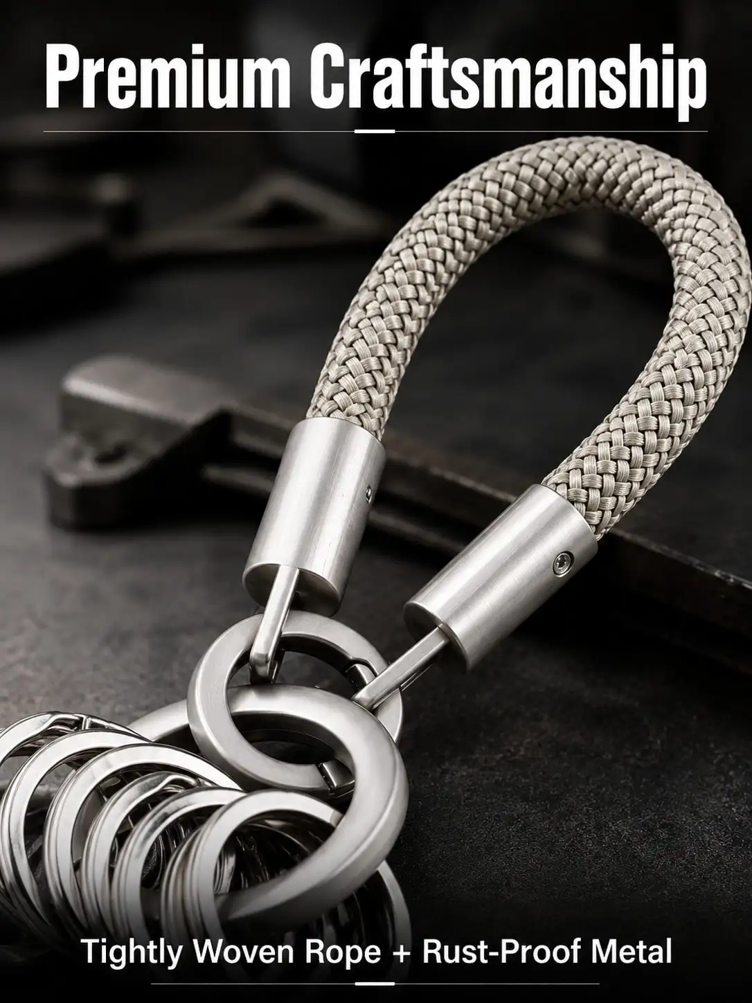 Braided Rope Keychain with Multi-Ring Organizer, Durable Metal Split Rings for Car Keys & Backpack, Stylish Daily Use Gift