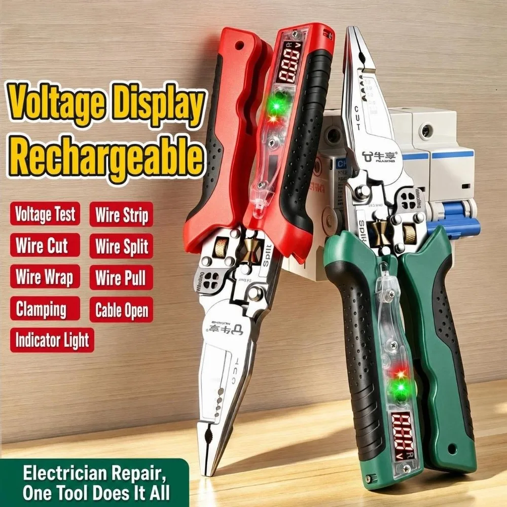 Rechargeable Wire Stripper Pliers Digital LED Display Voltage Detection Electrical Tester Screwdriver Cable Crimping