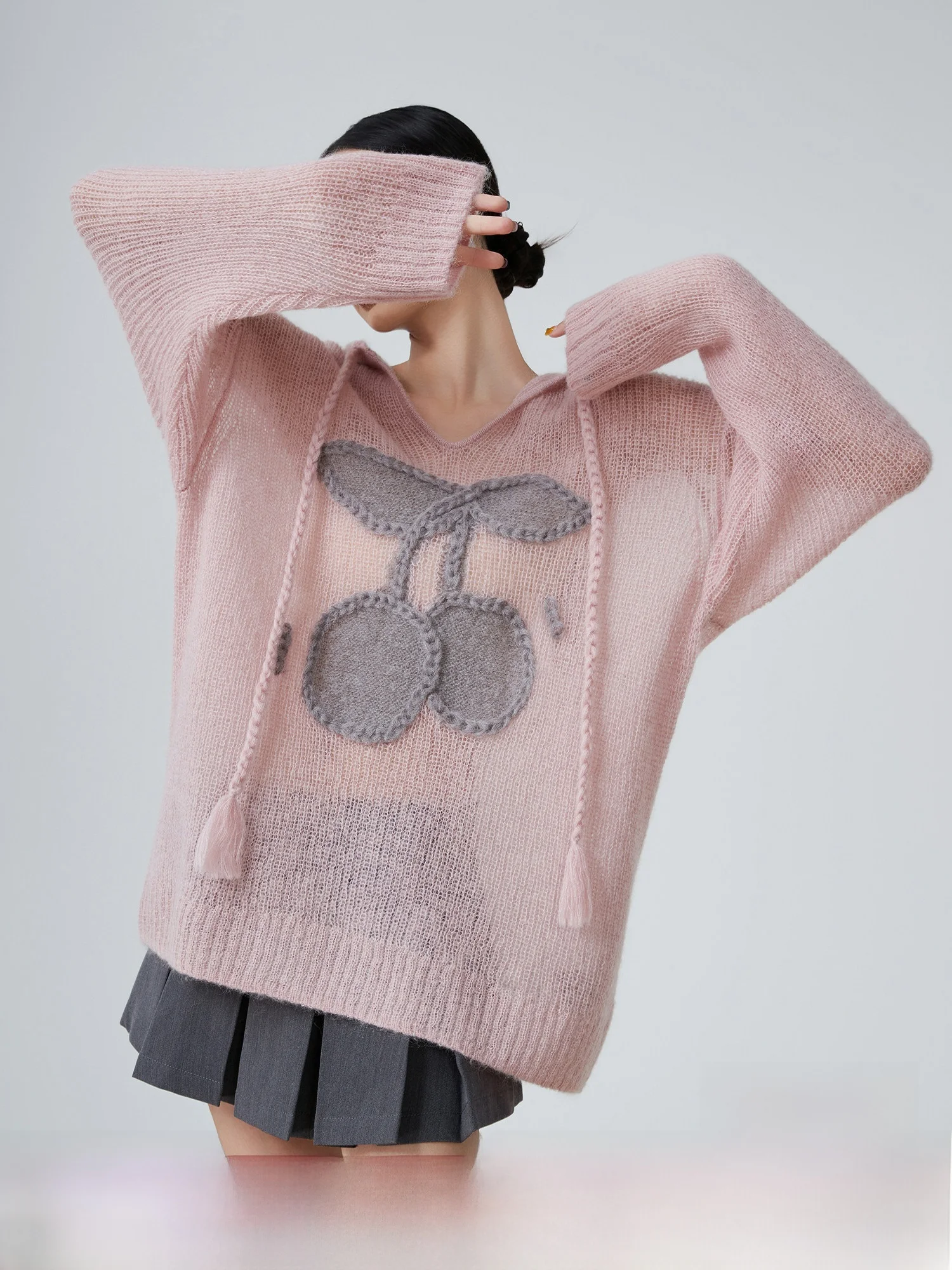 

Pink Cherry Embroidered Hooded Oversized Knit Sweater Women's Casual Sle Long Sve V-Ne Pullover Autumn New Arrival