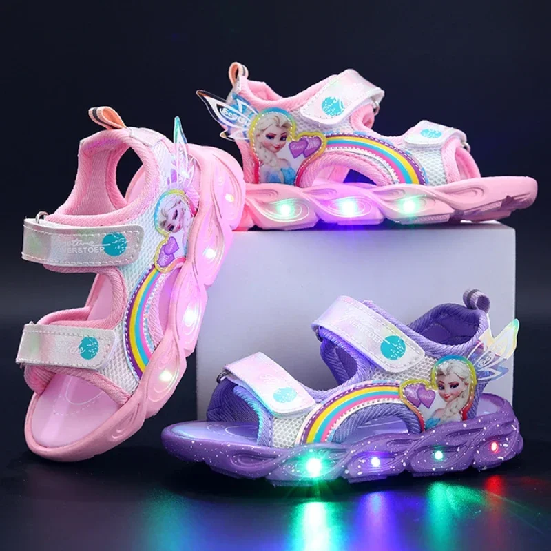 

Disney Frozen Elsa Princess Girls Sandals Summer Children's Sports Beach LED Light Shoes Girls' Soft Non-slip Shining Shoes